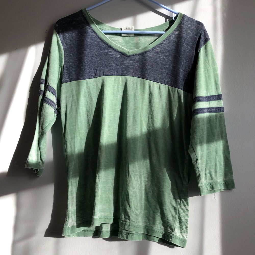 exist green and blue cropped sleeve shirt